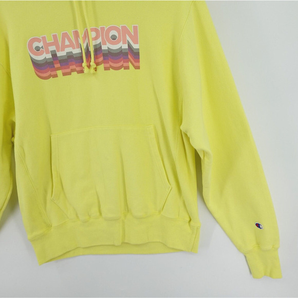 Champion Reverse Weave Hoodie Mens Medium Yellow Graphic Logo Cadmium Sporty - Picture 5 of 16